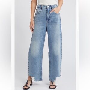 frame fray step hem barrel leg jeans